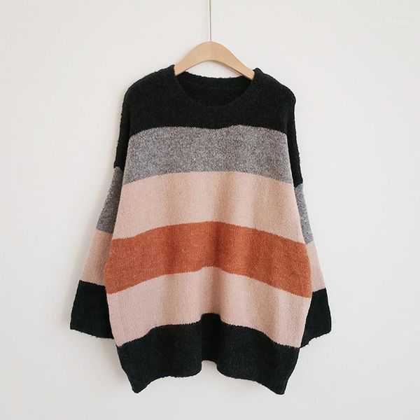 

korean style women oversized pulloveres flare sleeve knitwear pull fall fashion women striped pull sweater long jumpers11, White;black