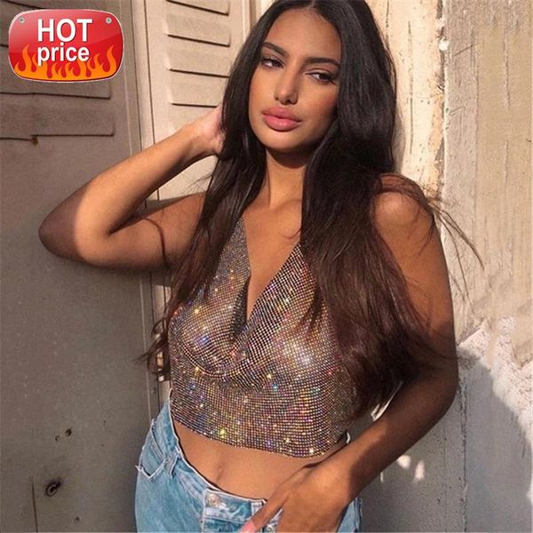 

halter colorful diamante camis deep v neck backless metal link chain crop 2019 autumn clubwear lady fashion camisole #sj2s, White