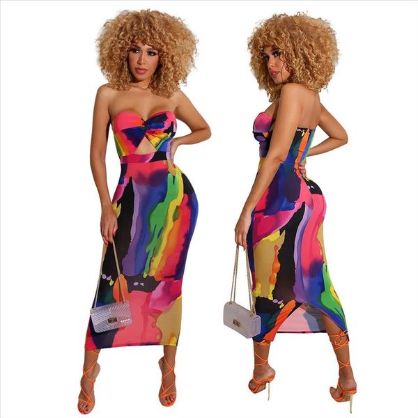 

printed strapless long dress women summer sleeveless neon tie dye outfit sundress club night party bodycon stretchy dresses, Black;gray
