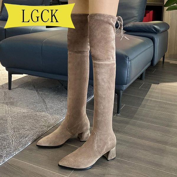 

boots plus size 34-40 2021 women over the knee high wedges heels winter shoes pointed toe elastic fabric flock, Black