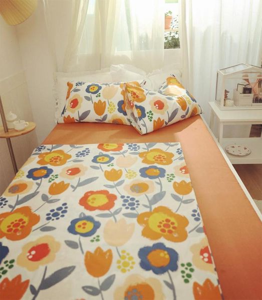 

colorful floral bedding set kid girl,cotton twin full  orange yellow blue home textile bed sheet pillow case quilt cover