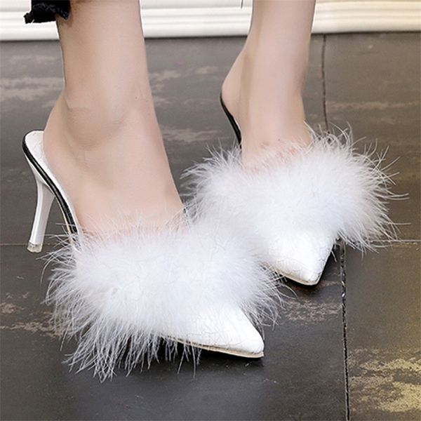 

sagace thin high heel slippers with fur women sandals shoes outdoor shoes heel elegant ladies pointed toe heel slippers t200327, Black