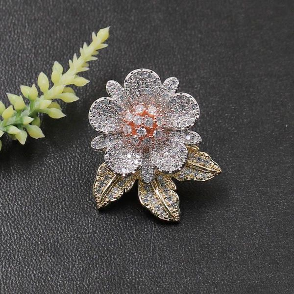 

vanifin fashion jewelry exquisite flower with leaf brooch pin for engagement wedding micro paved zircon popular gifts, Gray