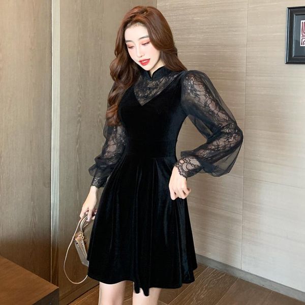 

casual dresses make winter bud silk net yarn splicing velvet improved cheongsam little black dress, Black;gray