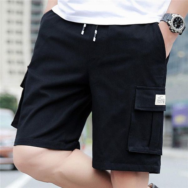 

men's shorts 100% cotton men cargo casual short pants khaki cropped drawstring for big pockets running fashion, White;black