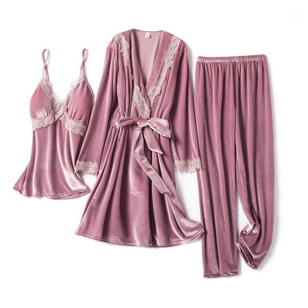 

gold velvet pajamas women's three-piece sling with chest pad nightgown home service suit new arrival sleepwear kimono robe1, Black;red
