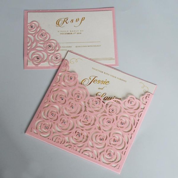 

pink pocket wedding invitations romantic rose invitation cards with rsvp - set of 50 pcs