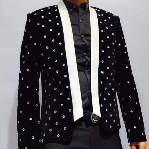 

2020 velvet large diamond collarless suit shining performance suit anchor catwalk jacket club party blazer men stage jacket1, White;black