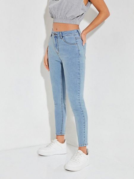 

petite zip fly slant pocket skinny jeans 99am#, Blue