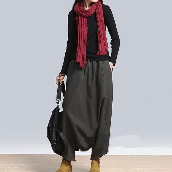 

2019 autumn women casual linen harem pants baggy bottoms fashion solid low crotch female plus size pants, Black;white