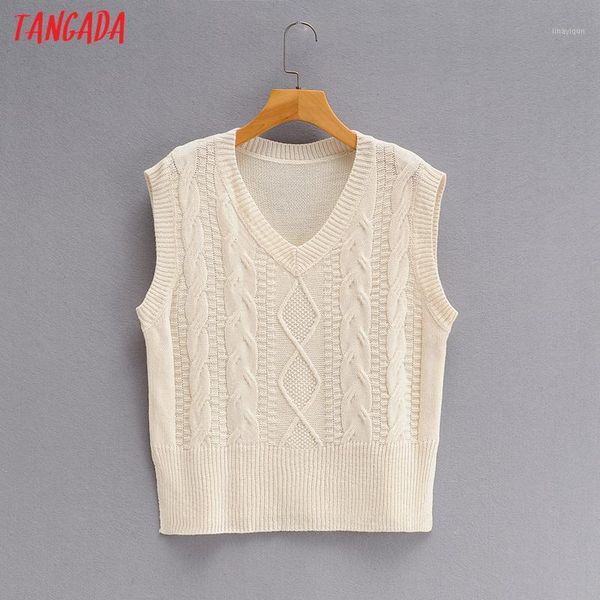 

tangada women elegant beige twist sleeveless sweater jumper v neck 2020 autumn winter female loose pullovers sy1641, White;black