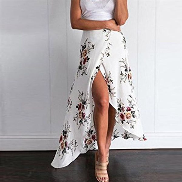 

2019 women new fashion casual skirt women summer high-waisted boho asymmetrical split ends printing beach skirt 401, Black