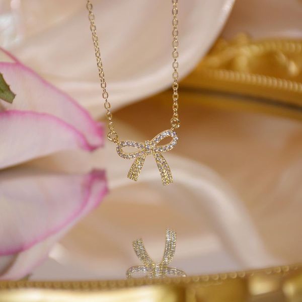 

european american 14k real gold short bow knot zircon temperament female clavicle chain exquisite micro-inlaid female necklace, Silver