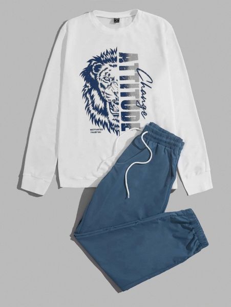 

men letter & lion graphic tee & pants set v4n0#, Gray