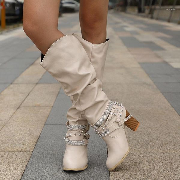 

vintage rivet high heels knee high boots women shiny crystal double buckle western boots woman pu pointed toe botas1, Black