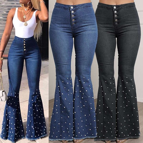 

2019 new stretch jeans nail bead flared pants for women, Blue