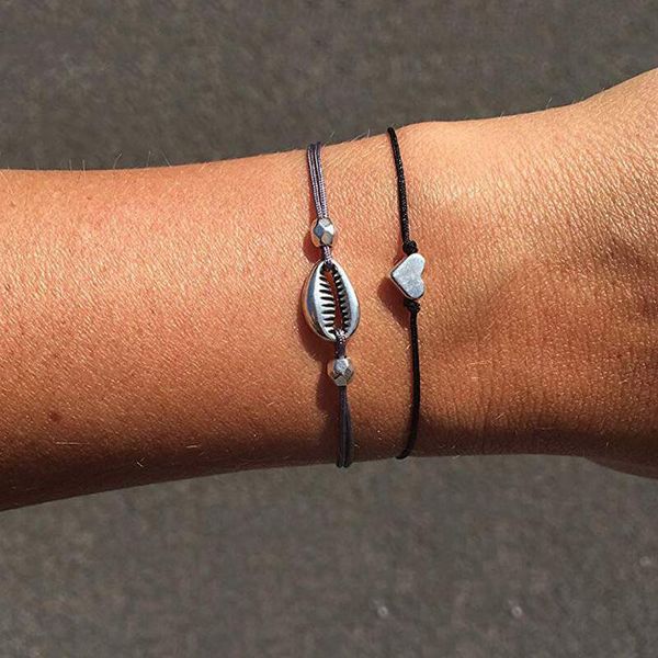 

charm bracelets vintage elastic metal sea shell love heart for women double layer rope chain geometric lady jewelry xr2231, Golden;silver