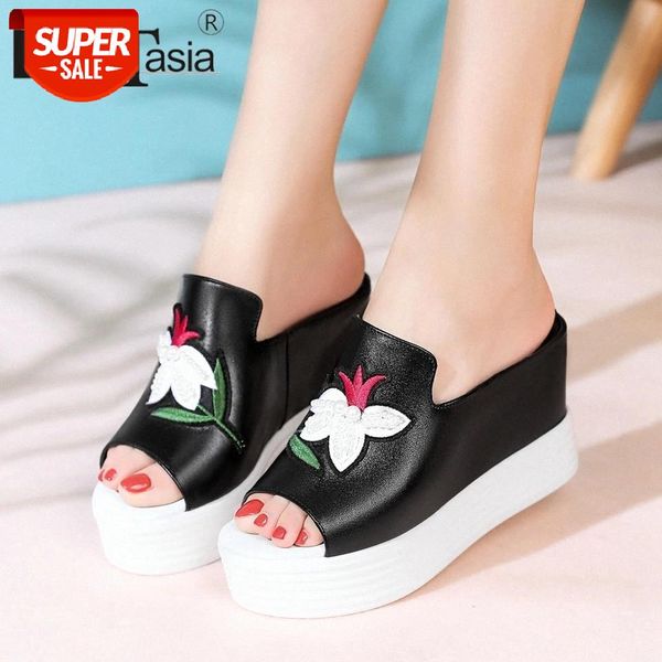 

doratasia elegant girl summer slippers genuine leather slippers women open toe slip on platform wedges outdoor shoes woman #nd0t, Black