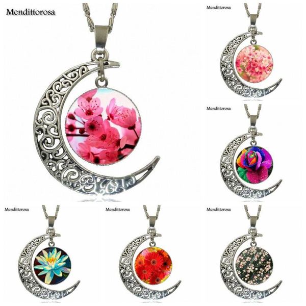

ej glaze japanese flower cherry blossom for women choker fashion jewelry vintage glass necklace with crescent moon, Silver