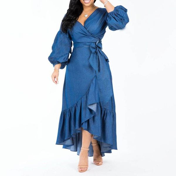 

denim blue women lantern sleeve autumn dresses high waist lace up casual long maxi robe ruffle femme vestiods african fashion, Black;gray