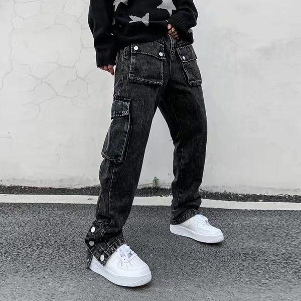 

men's jeans high street multi-pocket washed denim trousers mens ankle button retro straight for men oversize hip hop baggt pants, Blue