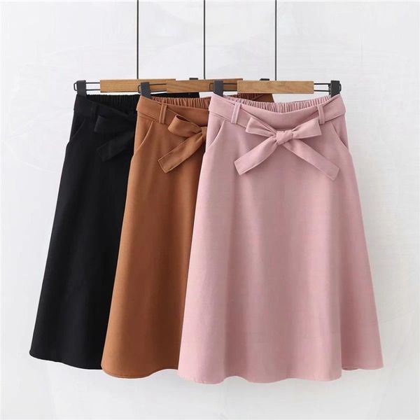 

elegant women skirt high waist pleated knee length skirt vintage a line big bow skirts, Black
