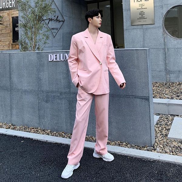 

men 2 pcs sets (jacket+pant) high street fashion casual suit pink blazer jacket male women party stage show singer suits coat1, White;black