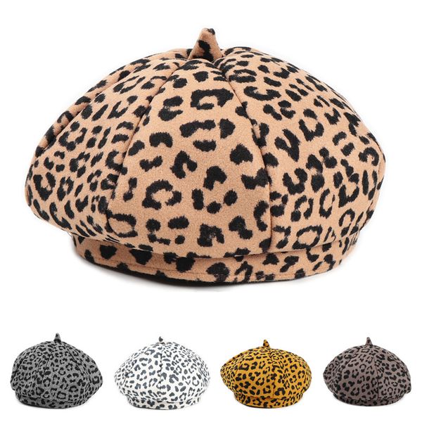 

women retro leopard beret princess girls wool beret fedora ladies octagonal cap bonnet trilby beanie hat artist painter newboy hat cz120803, Yellow