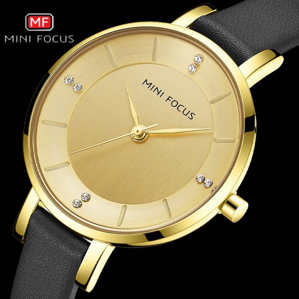 

minifocus luxury brand simple quartz watch ladys royal diamond gold case design classic black genuine leather bracelet clock, Slivery;brown