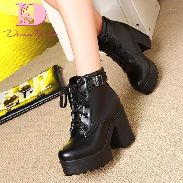 

doratasia 2020 square high heels big size 43 platform shoelace women shoes ankle boots1, Black