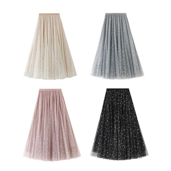 

starry sequined tulle skirts women spring summer elastic high waist sun fluffy tutu skirt female elegant long a-line party skirt, Black