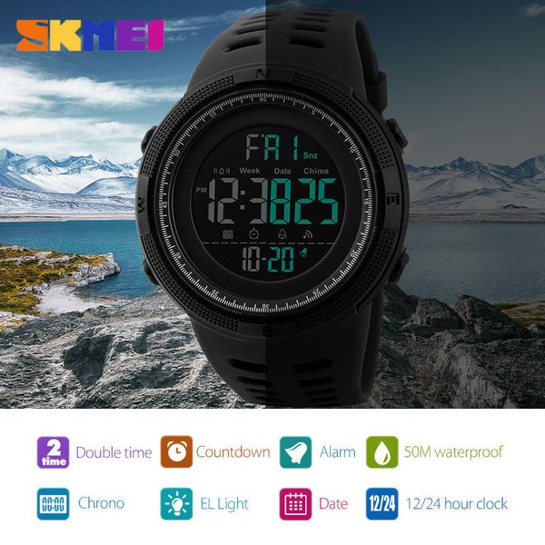 

skmei мужчины часы спортивные обратный отсчет двухместный время часы сигнализация chrono цифровые наручные часы человек часы водонепроницаем, Slivery;brown