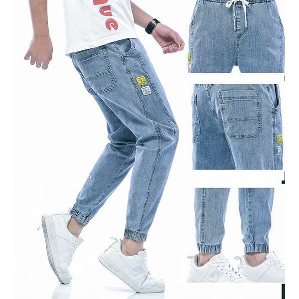 Mais novo bens baggy jeans cordão cintura jeans homens rua streetwear manguito kpop roupa casual perna larga harajuku cinza azul c1123