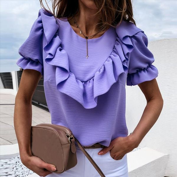 

muyogrt elegant women o neck blouse shirt casual summer ruffle short sleeve beach shirts pullover lady solid chiffon blusa, White