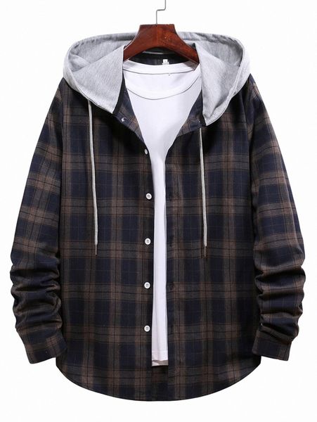 

men plaid button through hooded coat h5qn#, Black;brown