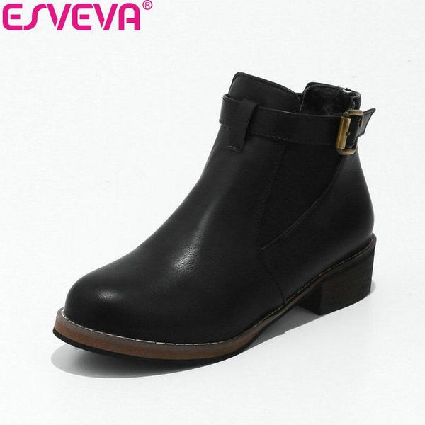 

boots esveva 2021 women out door square high heel black warm fur round toe ankle concise ladies fashion size 34-43