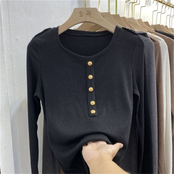 

2021 new t-shirt spring new women's knitwear solid color v-neck button thin section long-sleeved fashion 7vkf, White