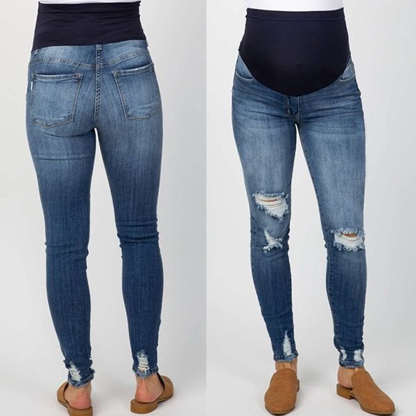 

1spring and autumn new broken hole belly support pregnant women's denim bottoming pants, Blue