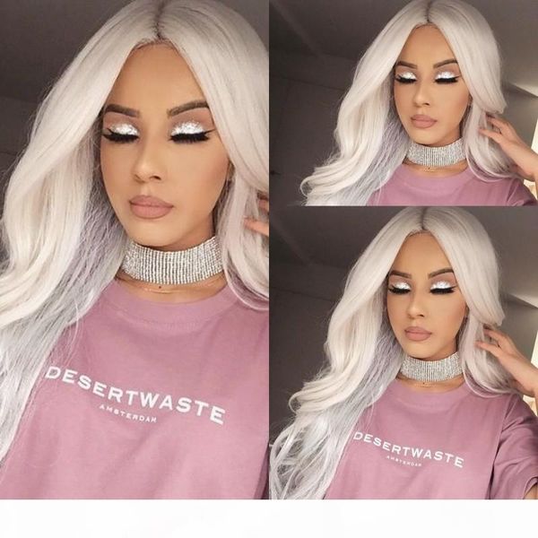 

middle part natural long body wave white wig high temperature fiber synthetic lace front wig for white women, Black