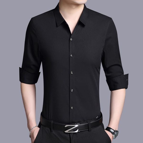 

2020 spring men shirt long sleeve white real silk shirt black mens shirts casual slim fit korean social camisa masculina kj1966, White;black