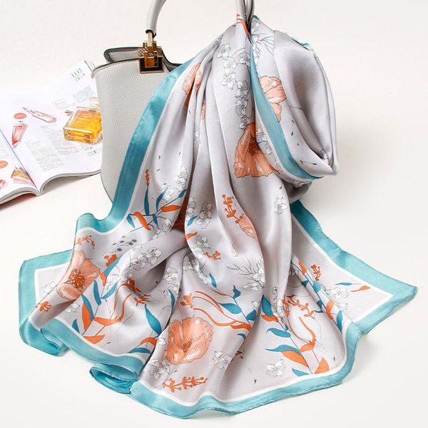 

100% silk long scarf women hangzhou nature silk scarves shawl wraps female headscarf neckerchief foulard femme print neck scarf, Blue;gray