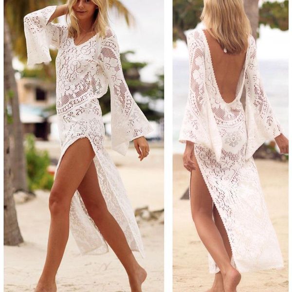 

women summer lace mesh loose backless beach dresses boho white holiday beach long dresses drop shipping, Black;gray