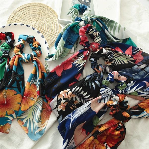 

floral ribbon headband flower elastic scrunchies women bands ponytail holder ties girl hair accessories