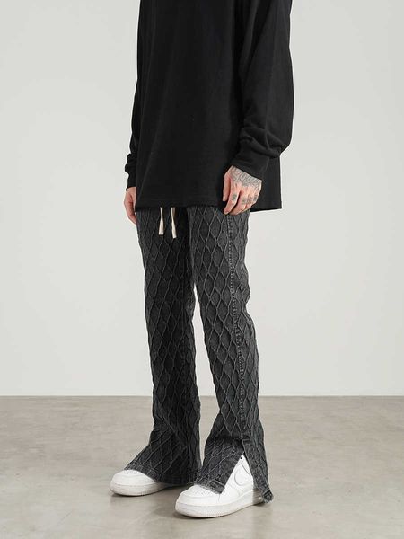 

men's pants american street retro wash old diamond check fork micro horn sweatpants hip hop slim floor pants, Black