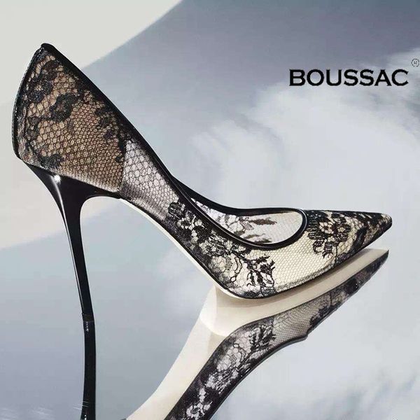 

boussac elegant high heels women pumps transparent flower lace wedding shoes women pointed toe party shoes swb0107 t200525, Black