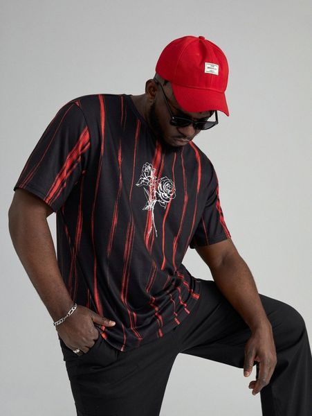 

extended sizes men striped rose print tee o8g5#, White;black