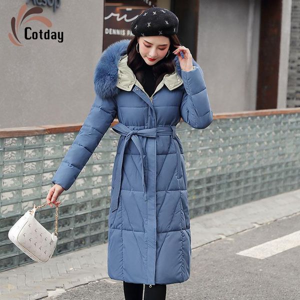 

cotday cotton long with hooded fur bandage double-sided office style lady jacekt women 2020 new casual winter warm parka coat, Black