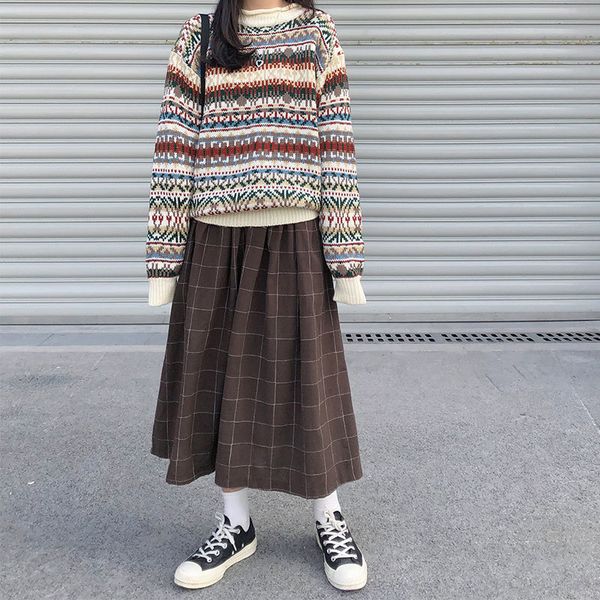 

2 colors japanese style high elastic waist long skirts woman autumn winter plaid a-line pleated skirts womens (x1078) 201111, Black