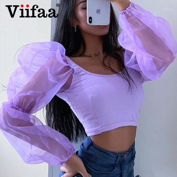 

viifaa lavender contrast mesh lantern sleeve t shirt women clothes 2020 fashion streetwear long sleeve crop tees1, White