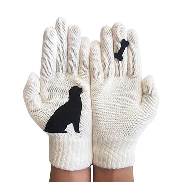 

five fingers gloves winter warm cold cashmere thick cartoon cat print wool knitted full finger men and women, Blue;gray